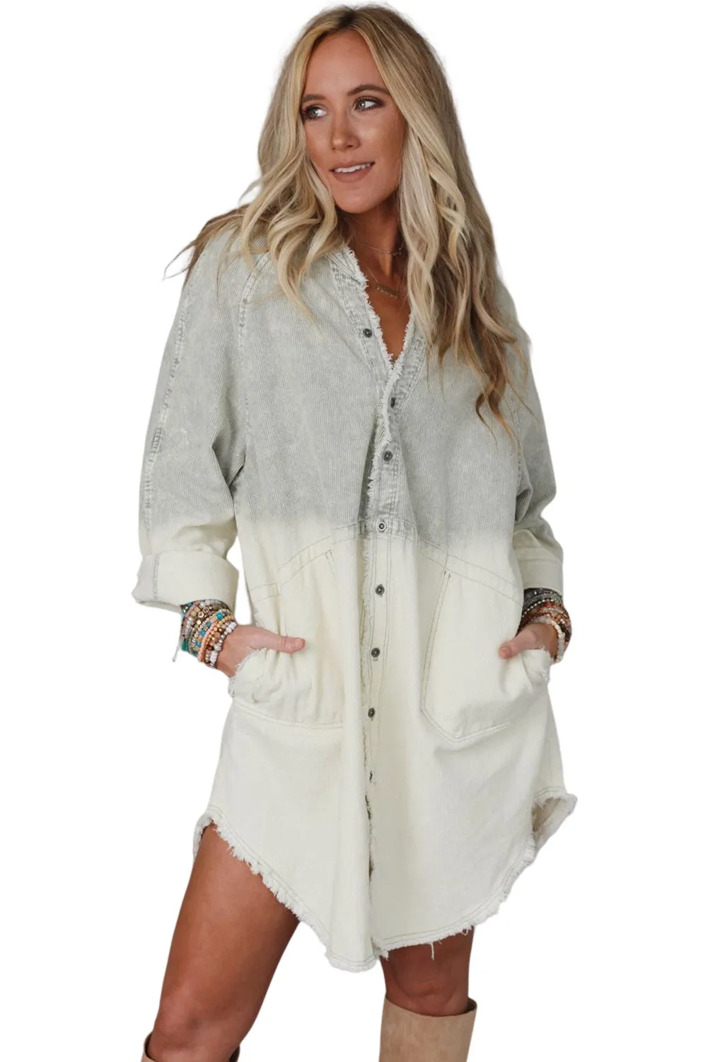 Gray Gradient Long Sleeve Button Up Pocket Raw Hem Dress