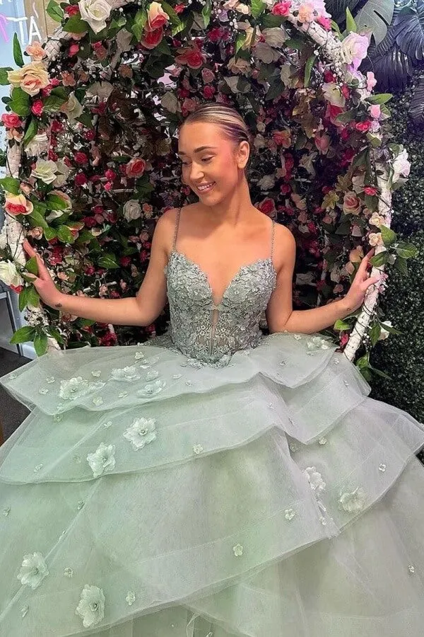 Green Ball Gown Sweetheart Ruffle Tiered Prom Dresses With Appliques, MP978