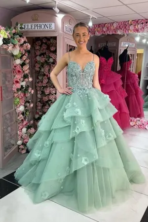 Green Ball Gown Sweetheart Ruffle Tiered Prom Dresses With Appliques, MP978