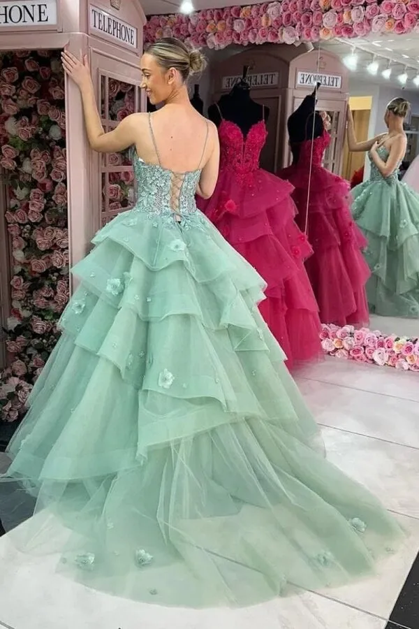 Green Ball Gown Sweetheart Ruffle Tiered Prom Dresses With Appliques, MP978