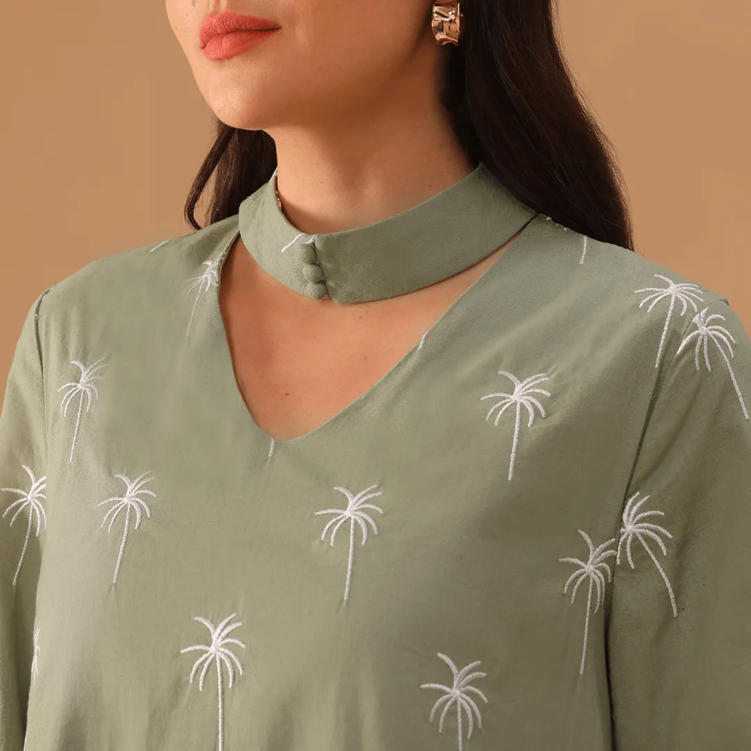 Green Fully Embroidered Long Sleeve Kaftan
