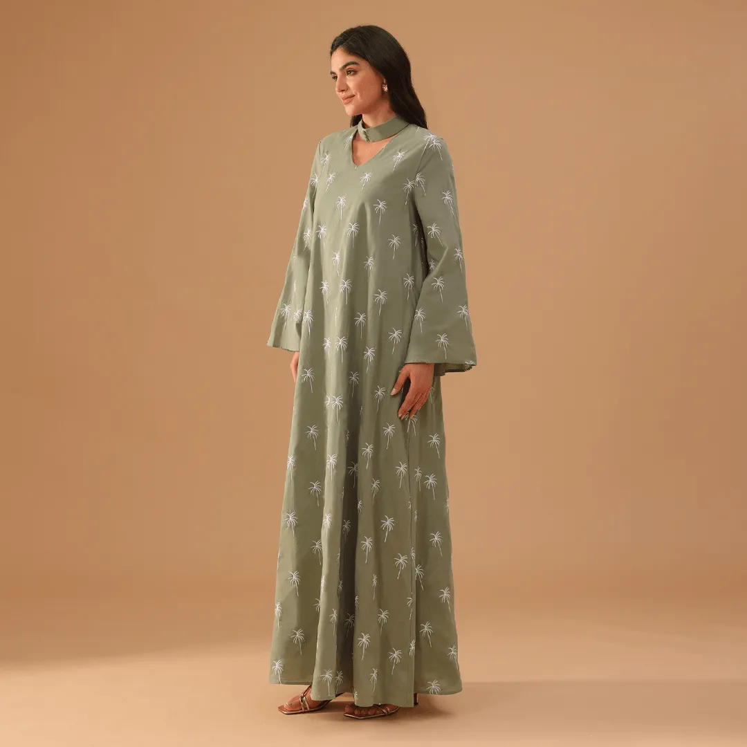 Green Fully Embroidered Long Sleeve Kaftan