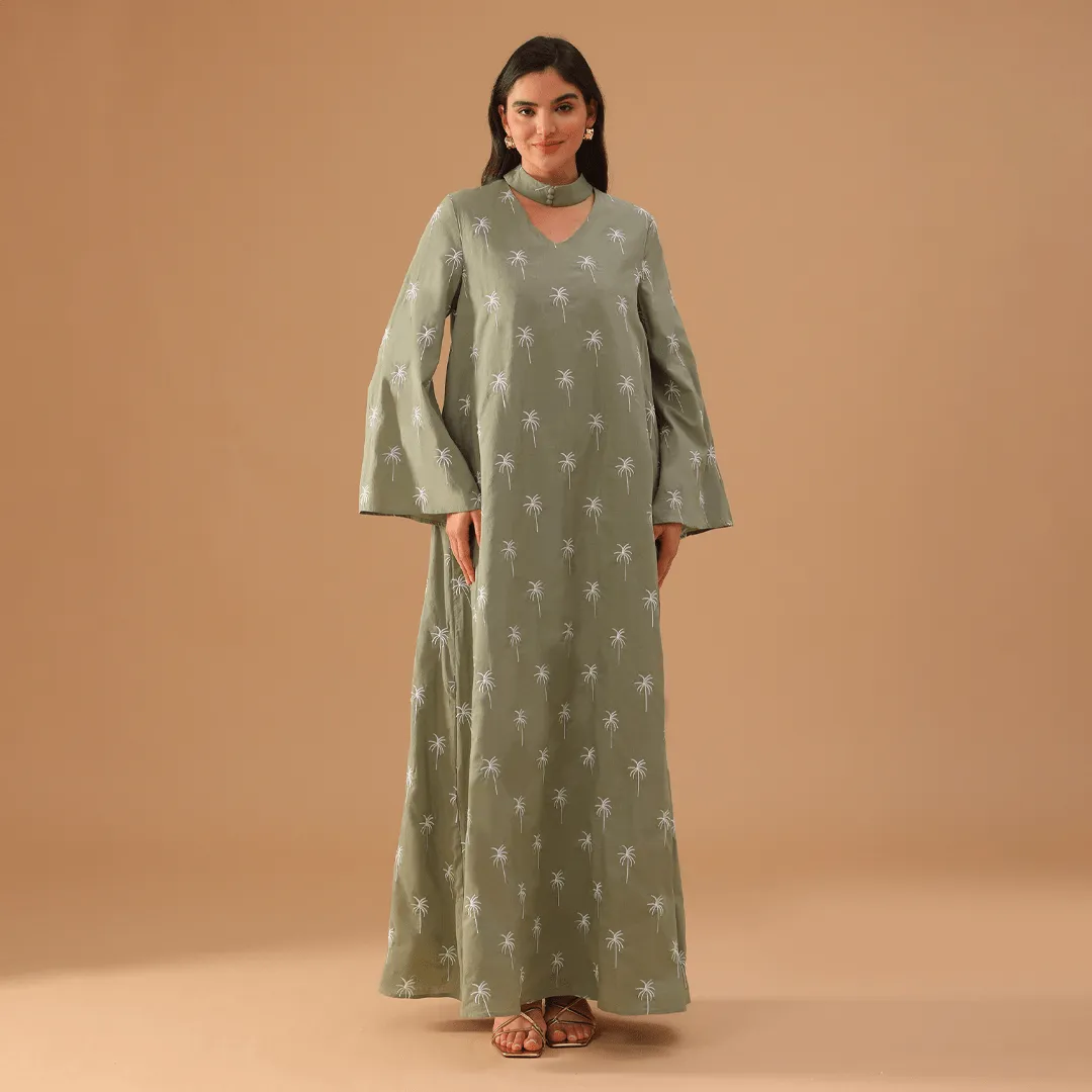 Green Fully Embroidered Long Sleeve Kaftan