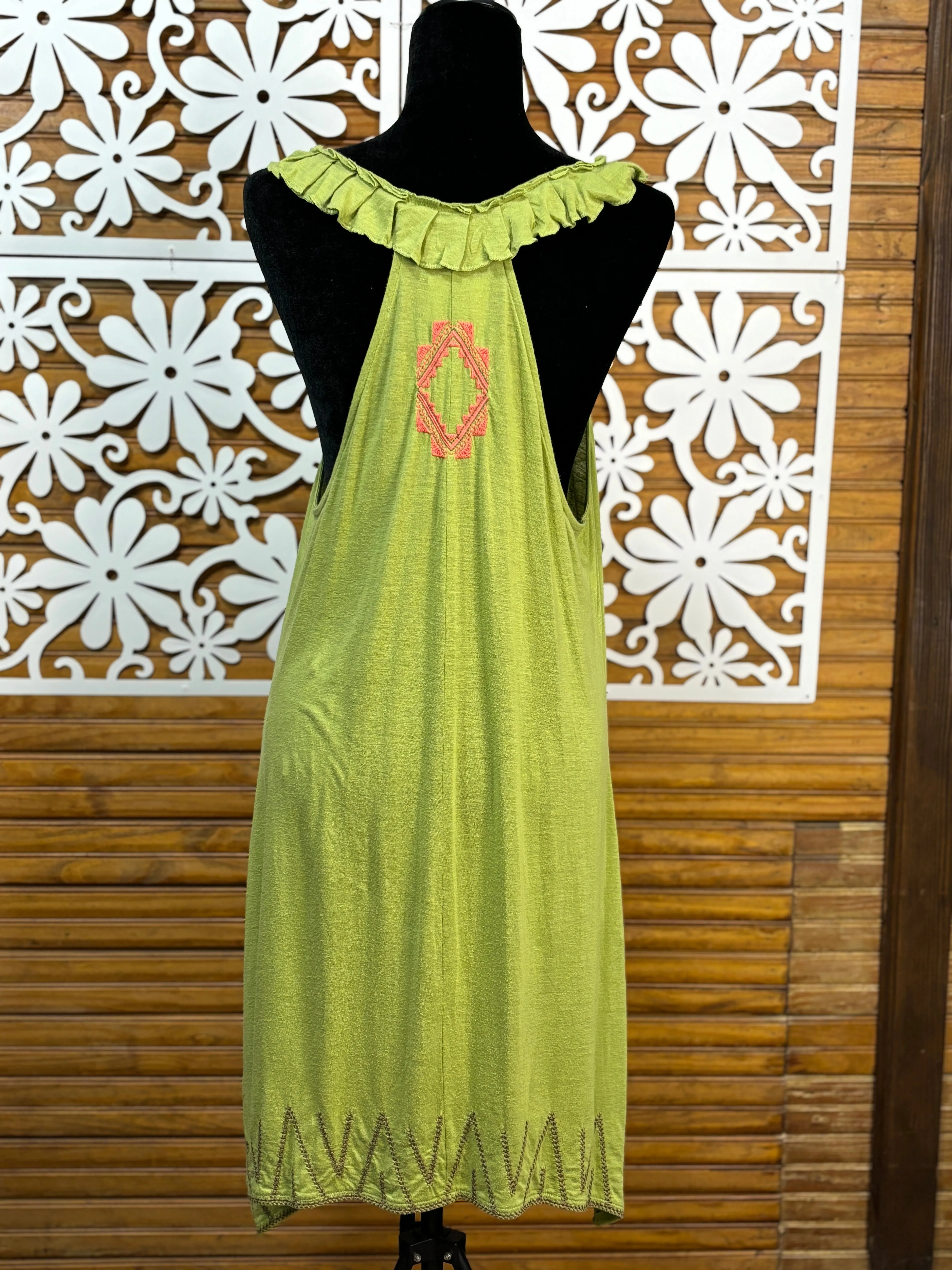 Green racer back dress with embroidery