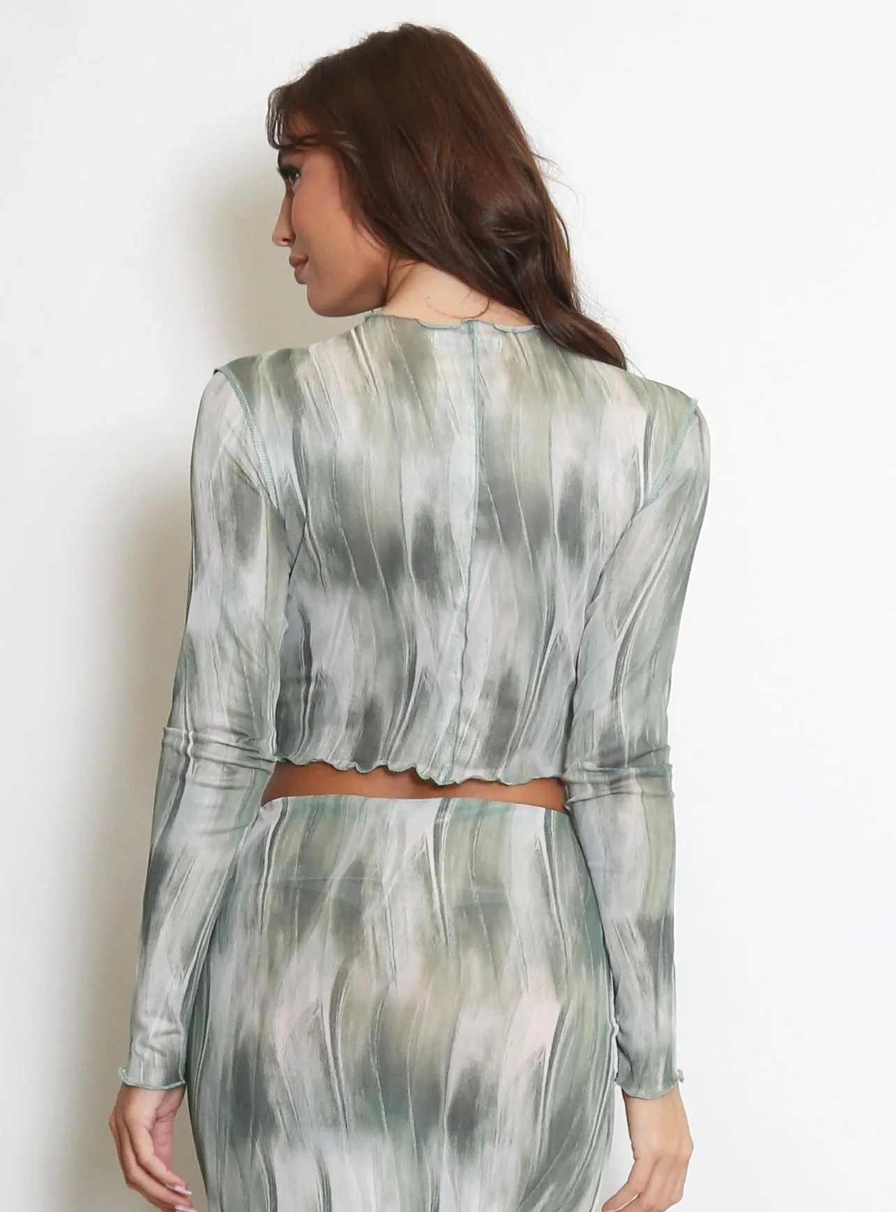 Green Sheer Mesh Long Sleeve Tops