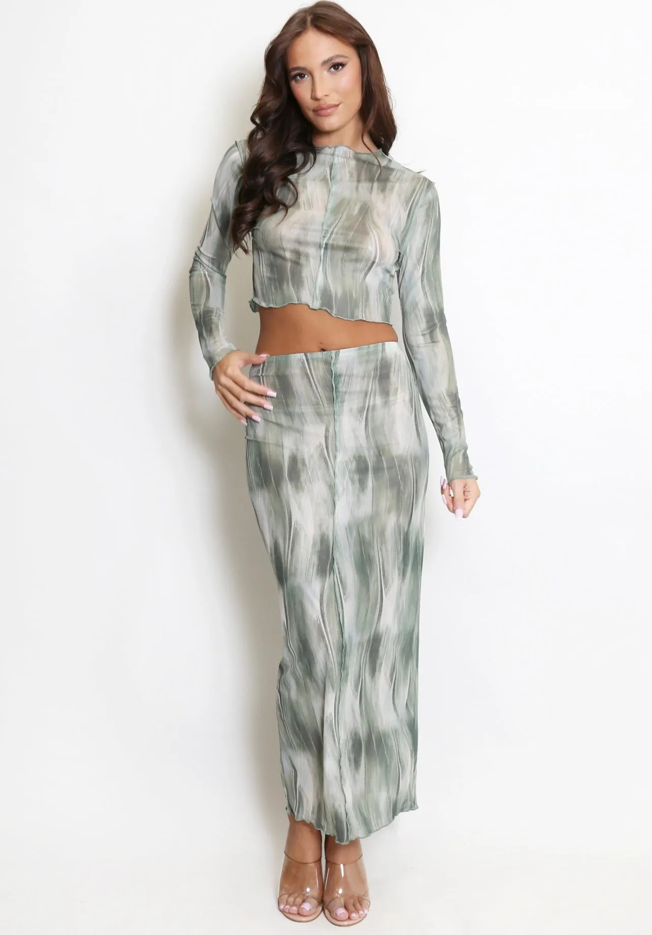 Green Sheer Mesh Long Sleeve Tops