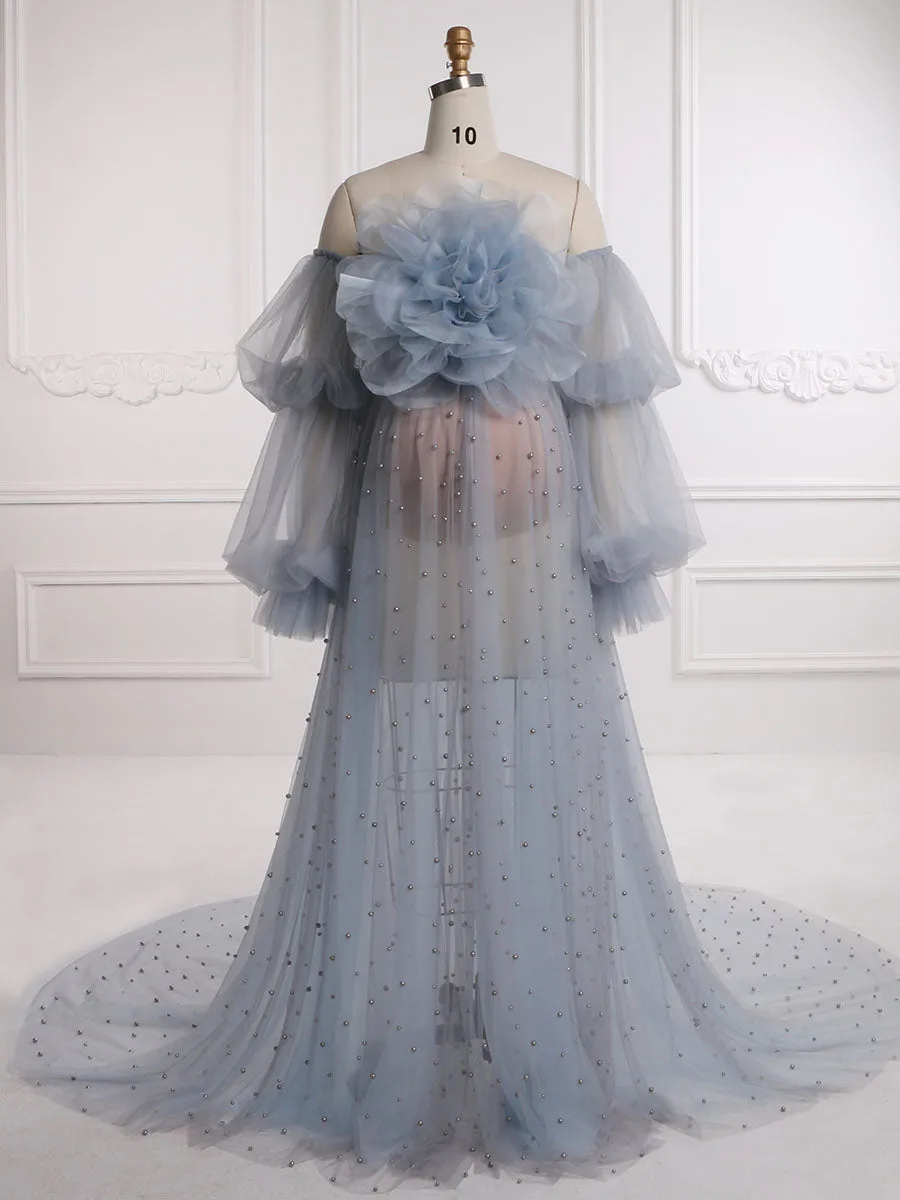 Grey Blue Pearls Detachable Flower Long Sleeves Maternity Dress for Photo Shoot