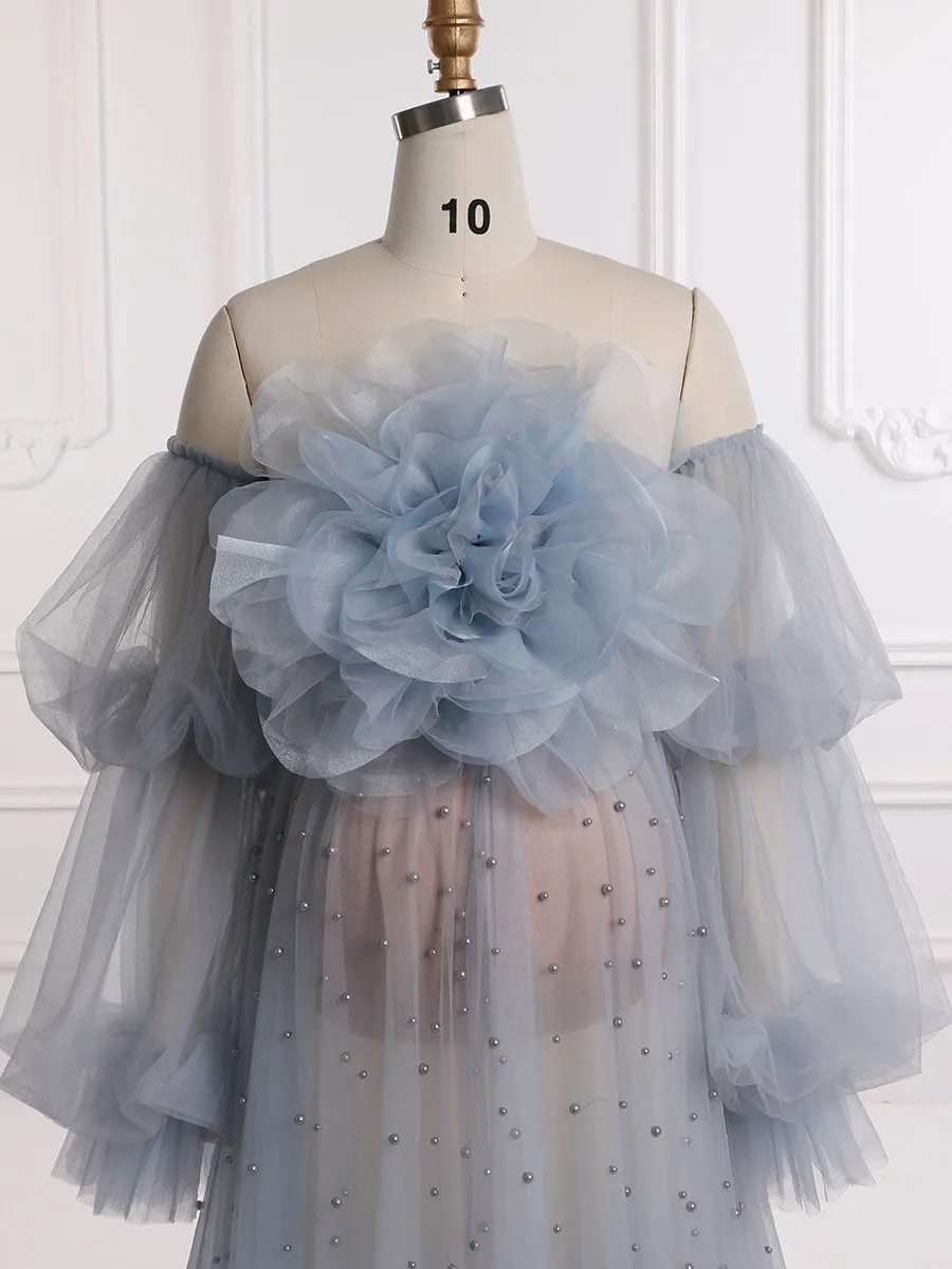 Grey Blue Pearls Detachable Flower Long Sleeves Maternity Dress for Photo Shoot