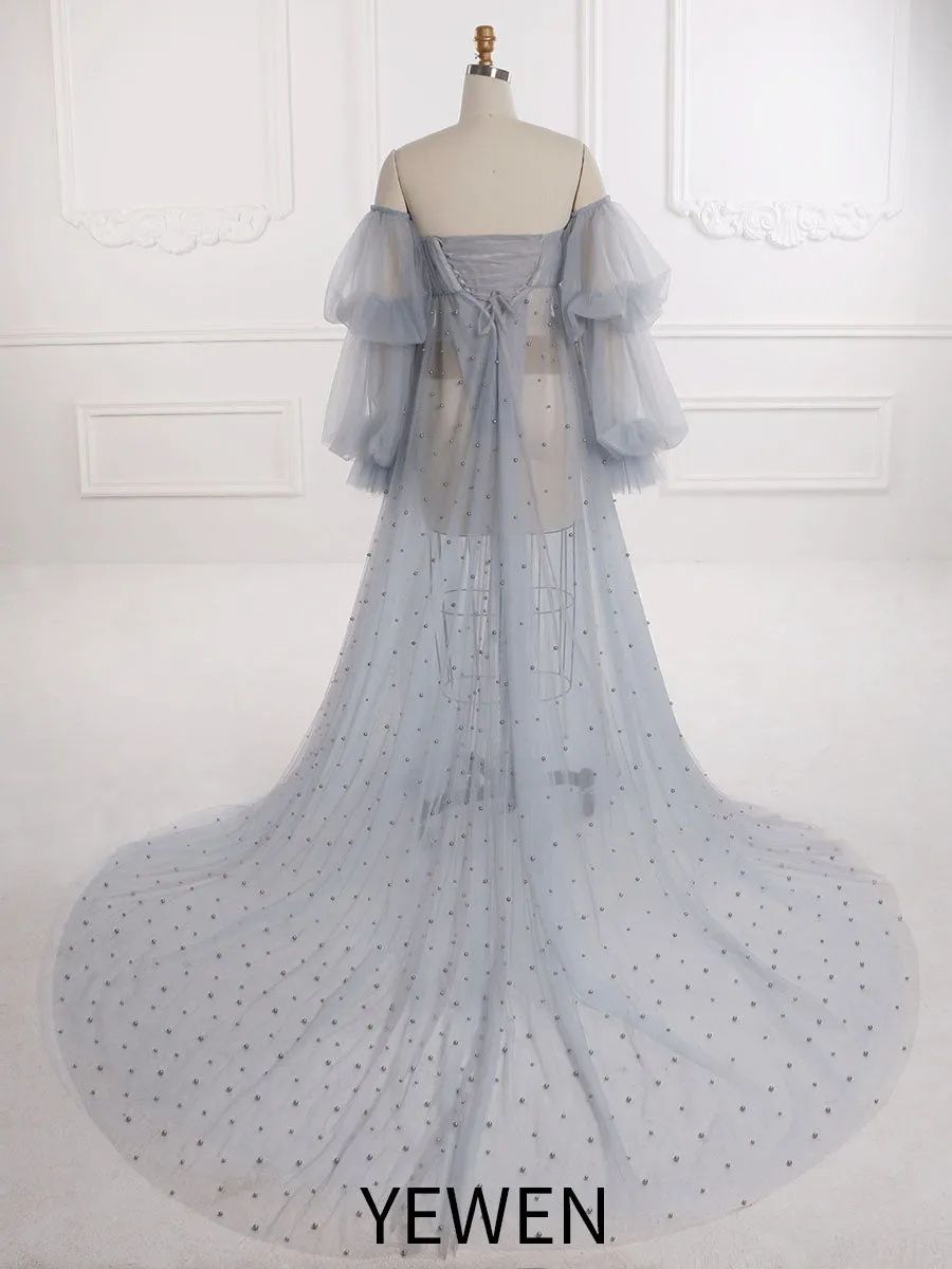 Grey Blue Pearls Detachable Flower Long Sleeves Maternity Dress for Photo Shoot
