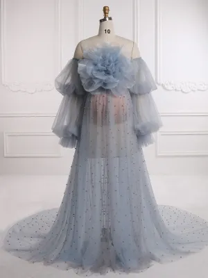 Grey Blue Pearls Detachable Flower Long Sleeves Maternity Dress for Photo Shoot
