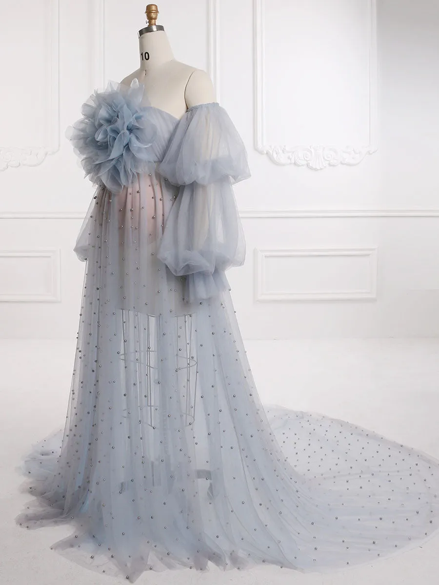 Grey Blue Pearls Detachable Flower Long Sleeves Maternity Dress for Photo Shoot
