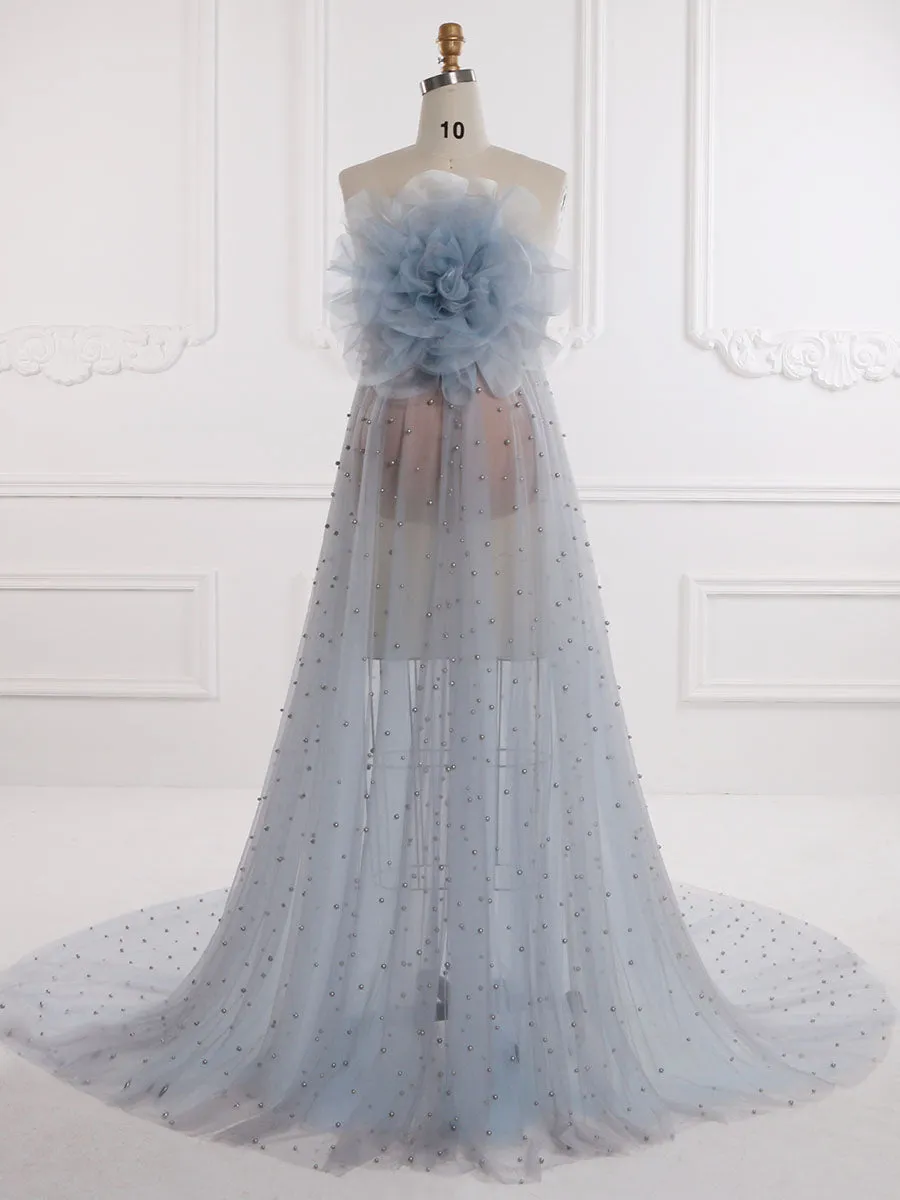 Grey Blue Pearls Detachable Flower Long Sleeves Maternity Dress for Photo Shoot