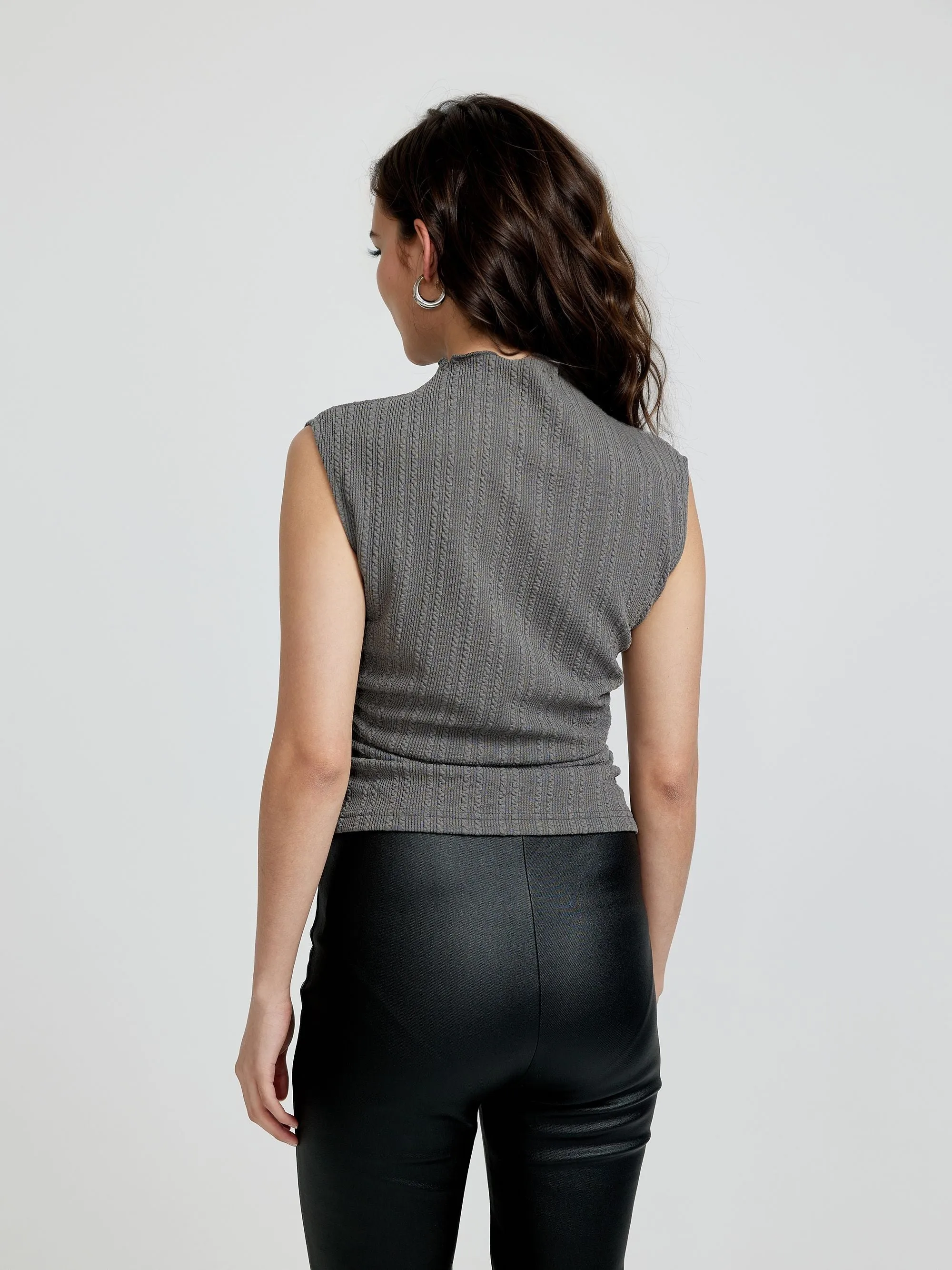 Grey Textured Knit Top With Side Ruching