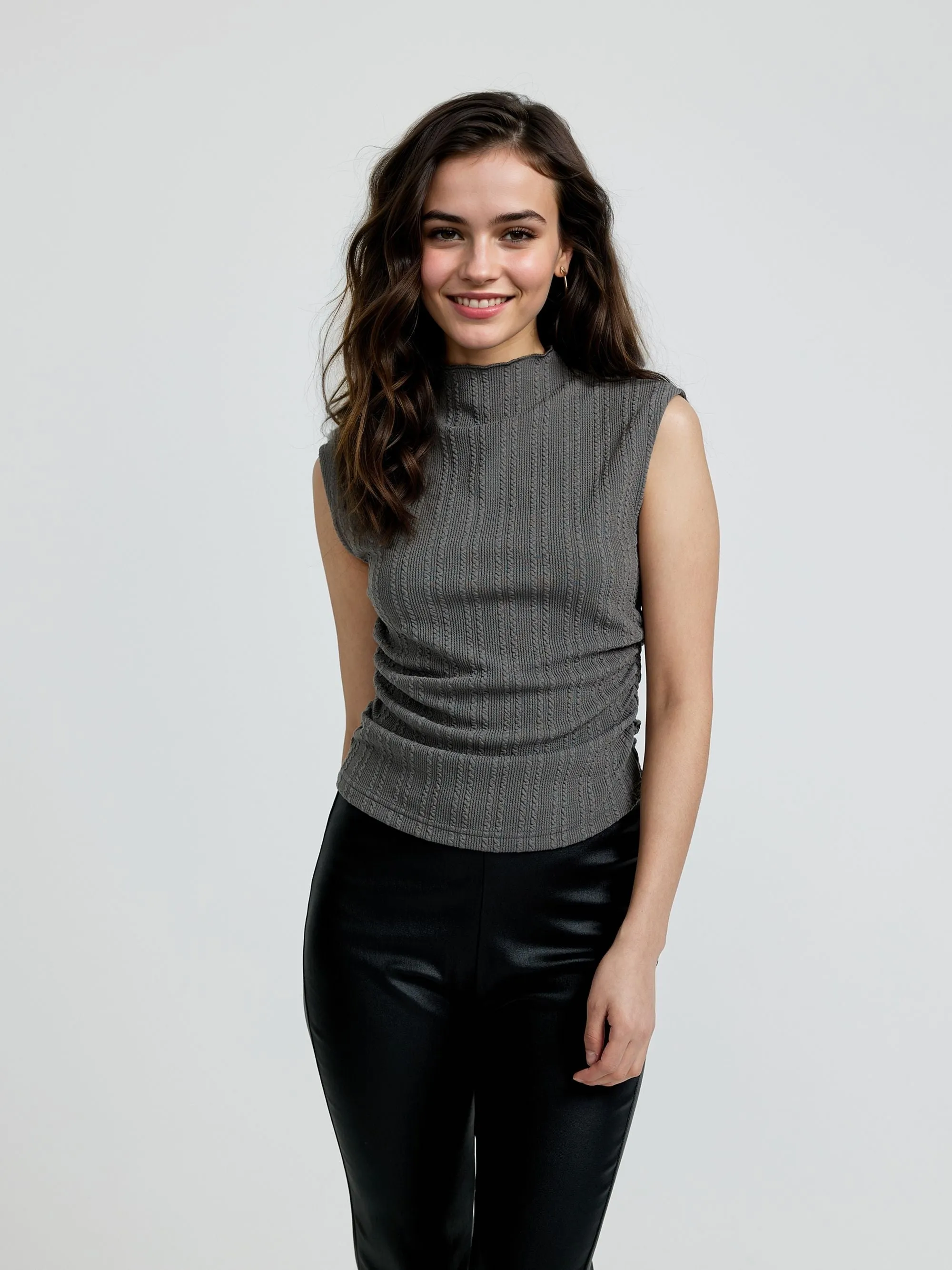 Grey Textured Knit Top With Side Ruching