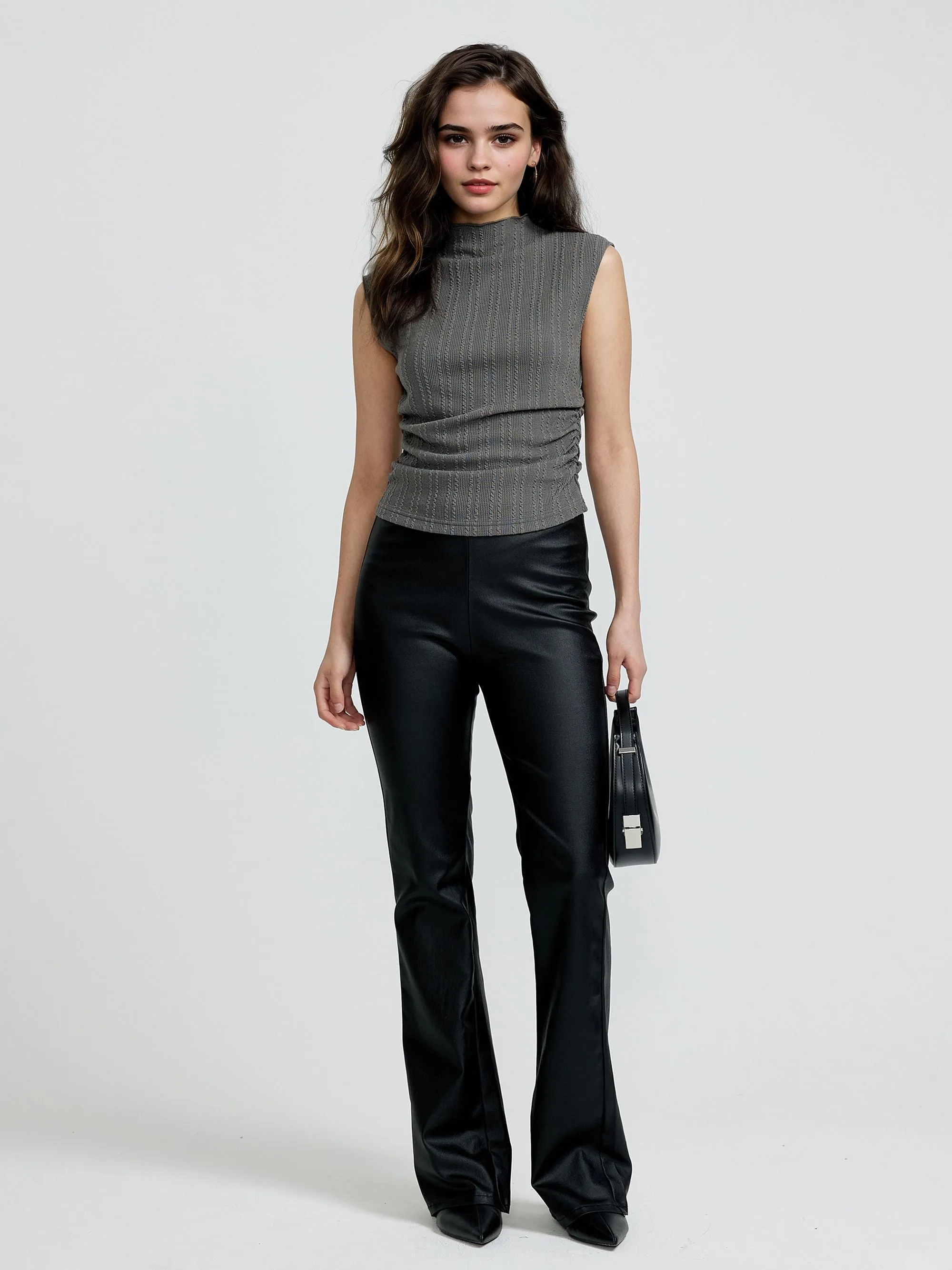 Grey Textured Knit Top With Side Ruching