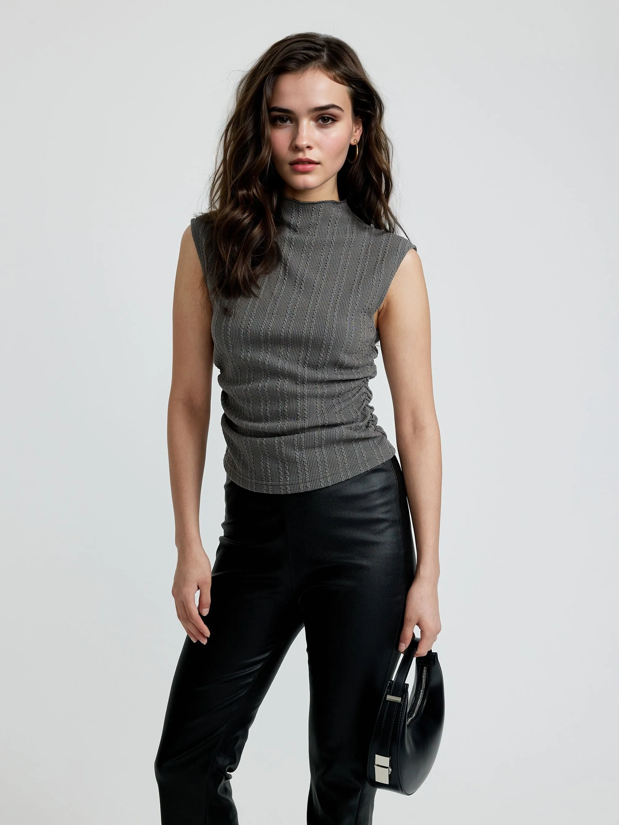 Grey Textured Knit Top With Side Ruching