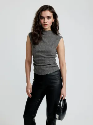 Grey Textured Knit Top With Side Ruching