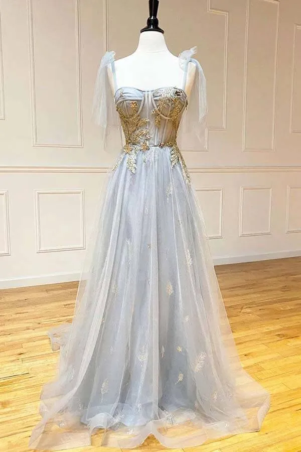 Grey Tulle A-line Sweetheart Neck Prom Dresses With Lace, Evening Dress, MP810
