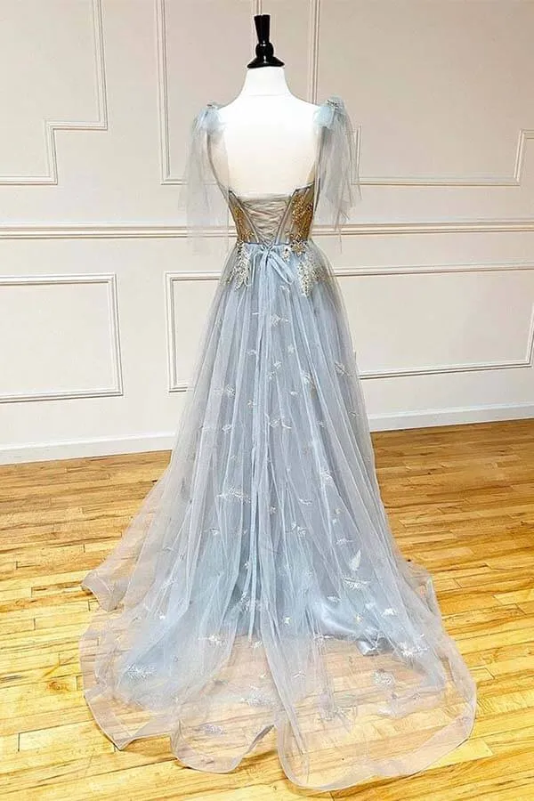Grey Tulle A-line Sweetheart Neck Prom Dresses With Lace, Evening Dress, MP810
