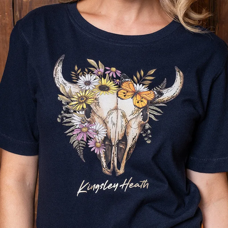 Grungey Flora Skull Crew Tee - Midnight