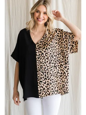 Half and half contrast short-sleeve V-neck top