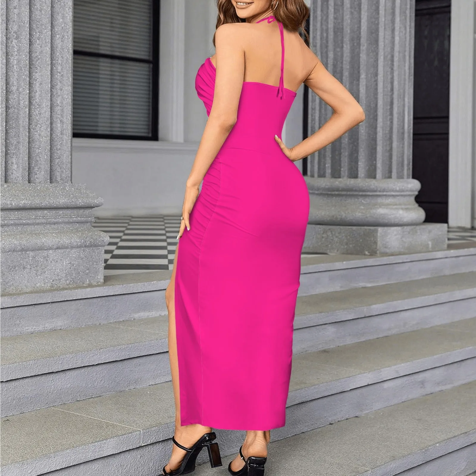 Halter Drawstring Split Slimming Dress