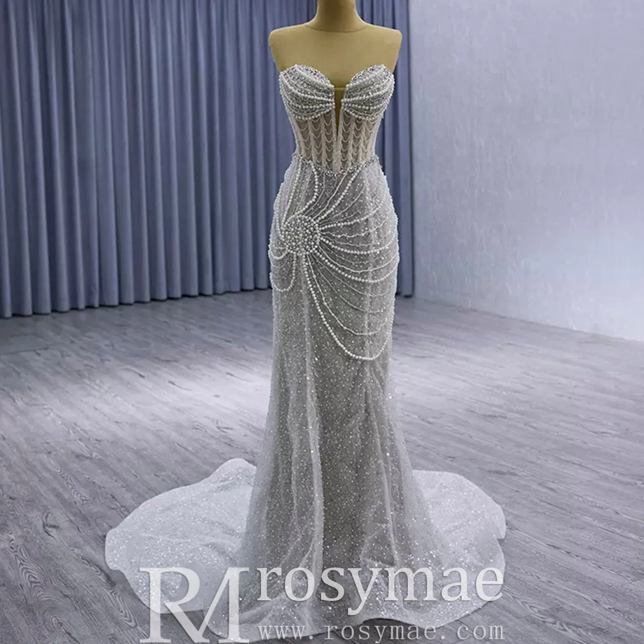 High-end Pearls Mermaid Wedding Dress with Detachable Sleeve