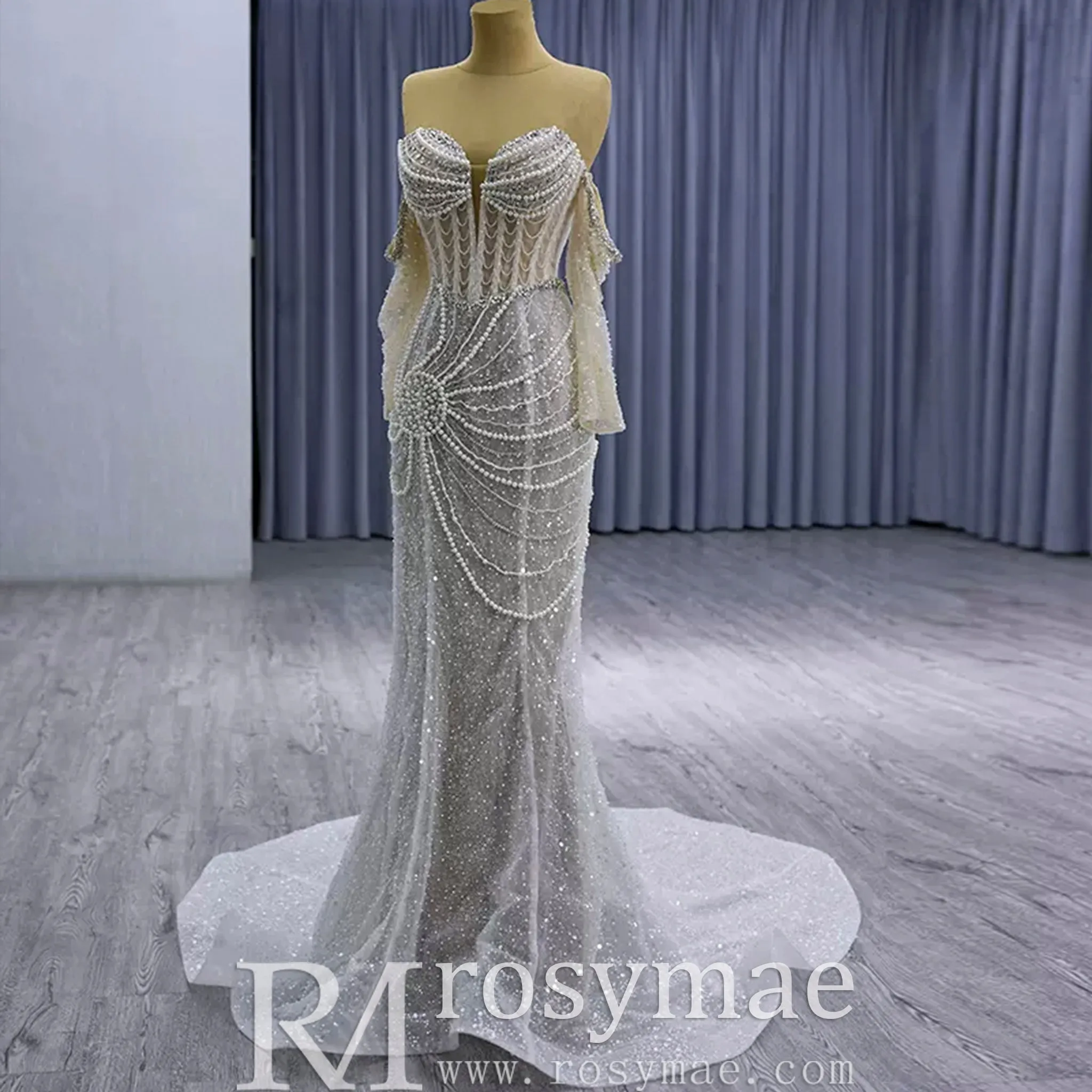 High-end Pearls Mermaid Wedding Dress with Detachable Sleeve