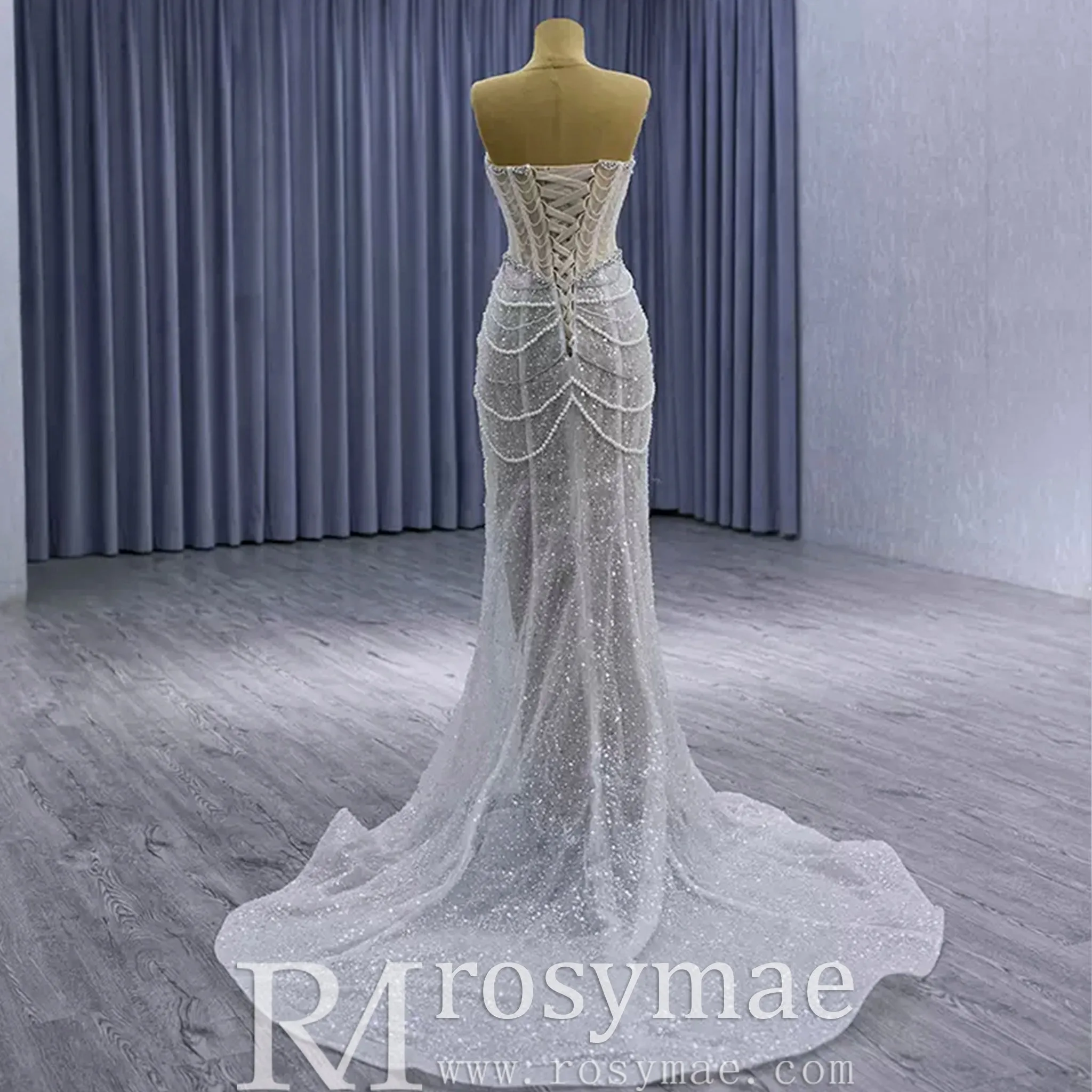 High-end Pearls Mermaid Wedding Dress with Detachable Sleeve