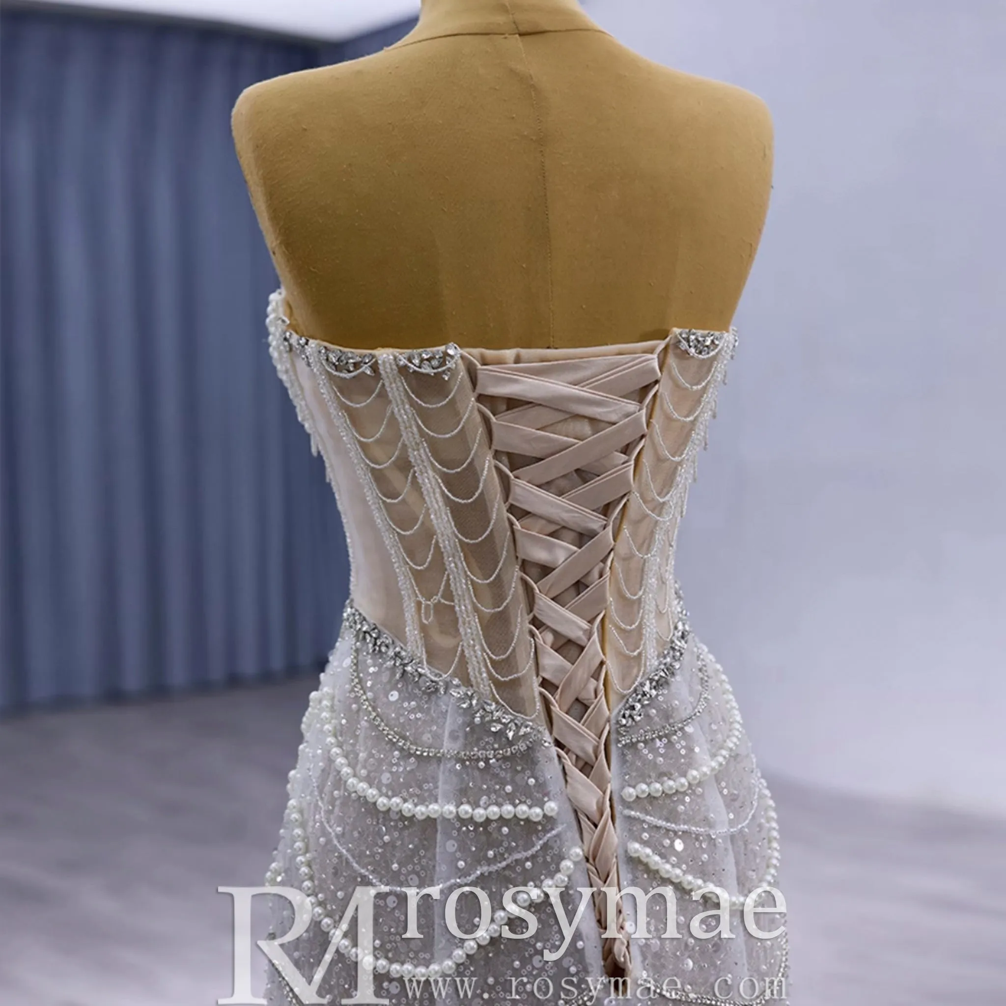 High-end Pearls Mermaid Wedding Dress with Detachable Sleeve