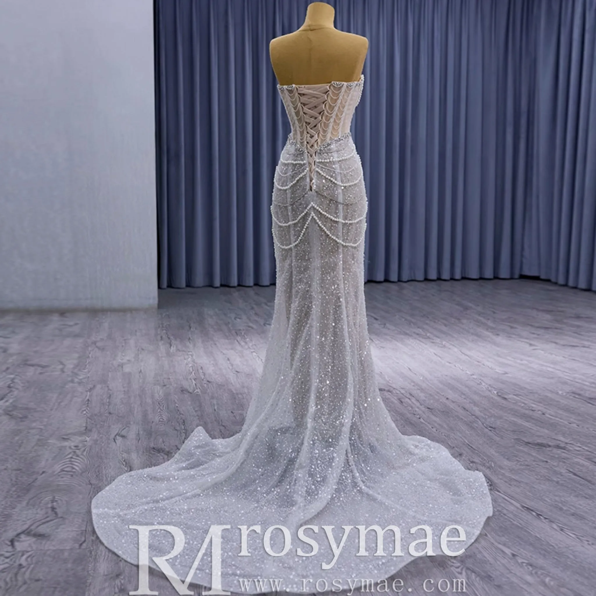 High-end Pearls Mermaid Wedding Dress with Detachable Sleeve