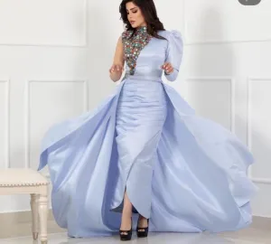 high neck detachable skirt prom dresses 2022 beaded crystals satin blue prom gown 2023 robe de cocktail