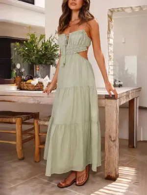 Hollow Sleeveless Pleated Charming Patchwork Full Hem Dress