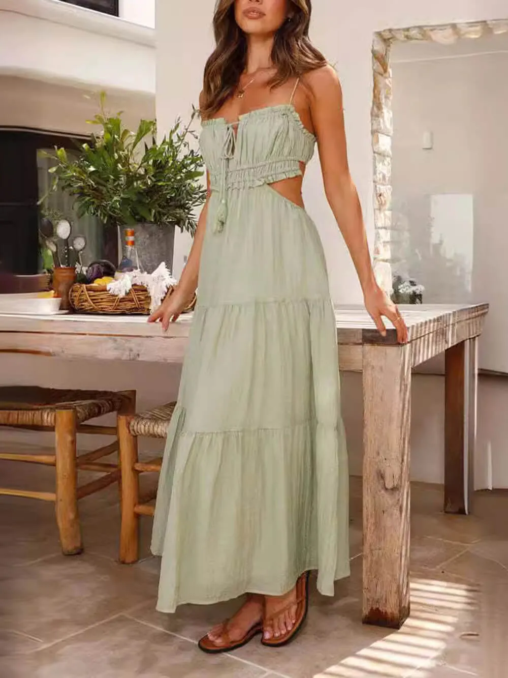 Hollow Sleeveless Pleated Charming Patchwork Full Hem Dress