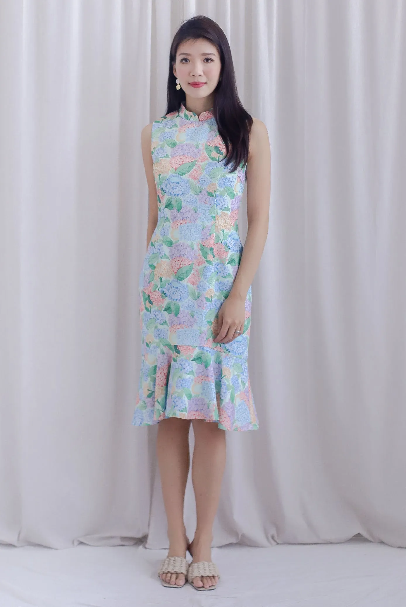 Hydrangea Cheong Sam Mermaid Dress In Blue