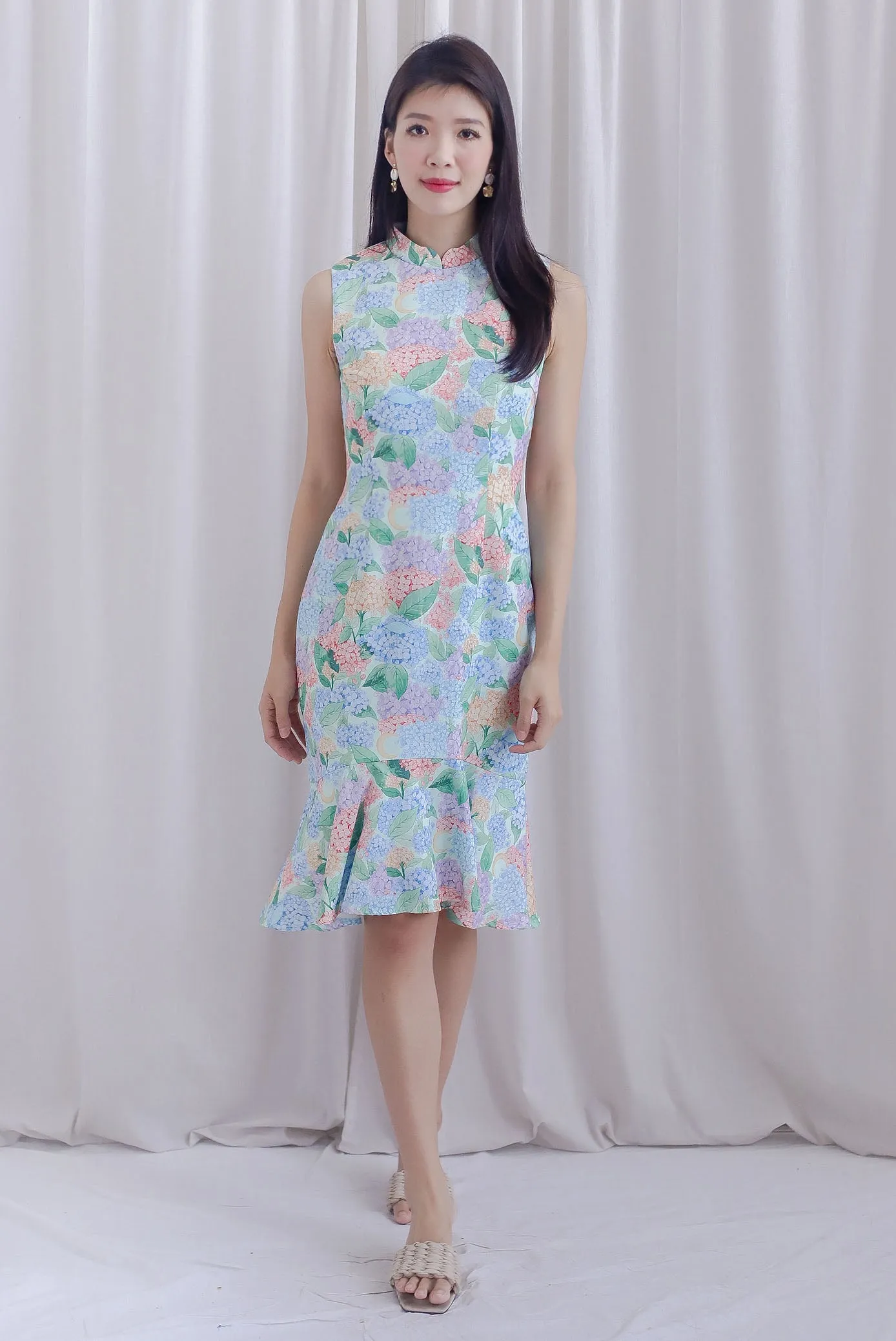 Hydrangea Cheong Sam Mermaid Dress In Blue