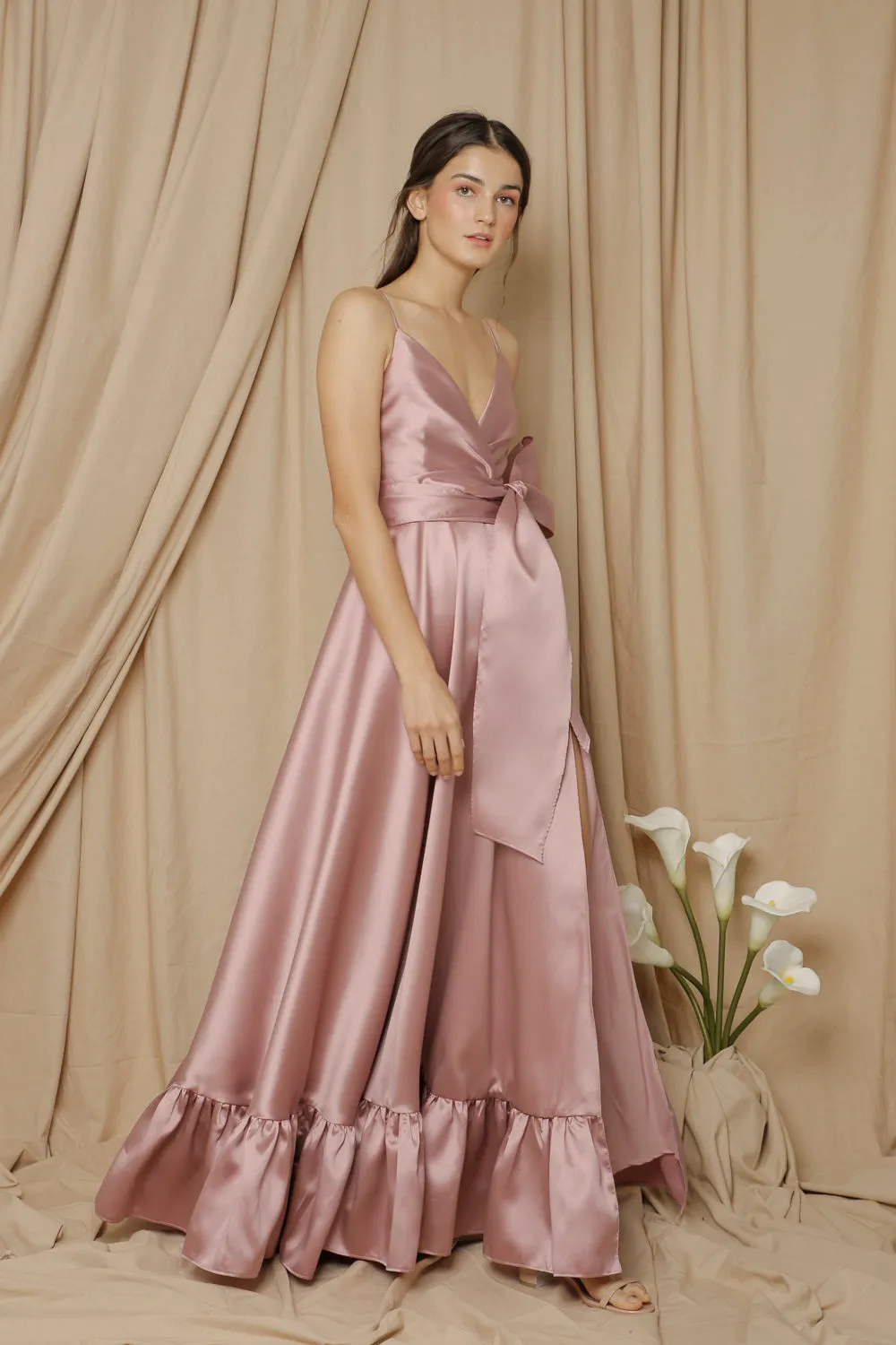 I DO BY ZOO FATIMA Deep V Gown with High Slit Skirt and Ruffled Hem with Detachable Waist Tie (Mauve Gazar)