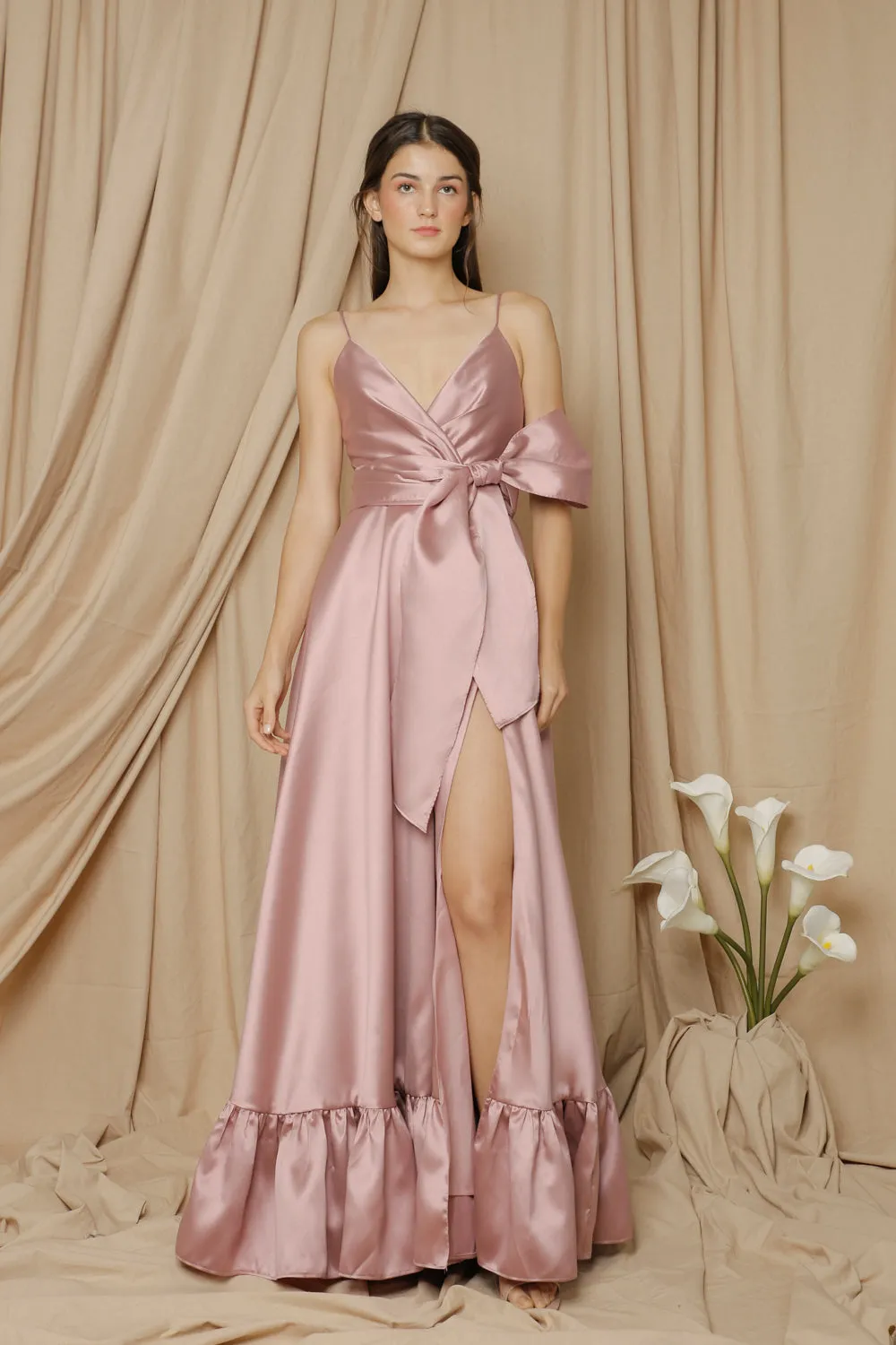 I DO BY ZOO FATIMA Deep V Gown with High Slit Skirt and Ruffled Hem with Detachable Waist Tie (Mauve Gazar)