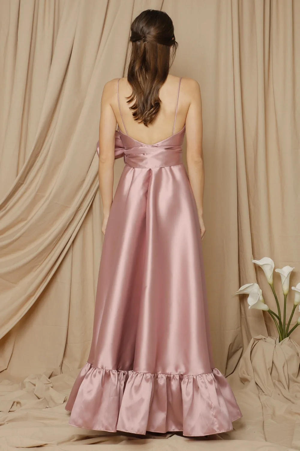 I DO BY ZOO FATIMA Deep V Gown with High Slit Skirt and Ruffled Hem with Detachable Waist Tie (Mauve Gazar)