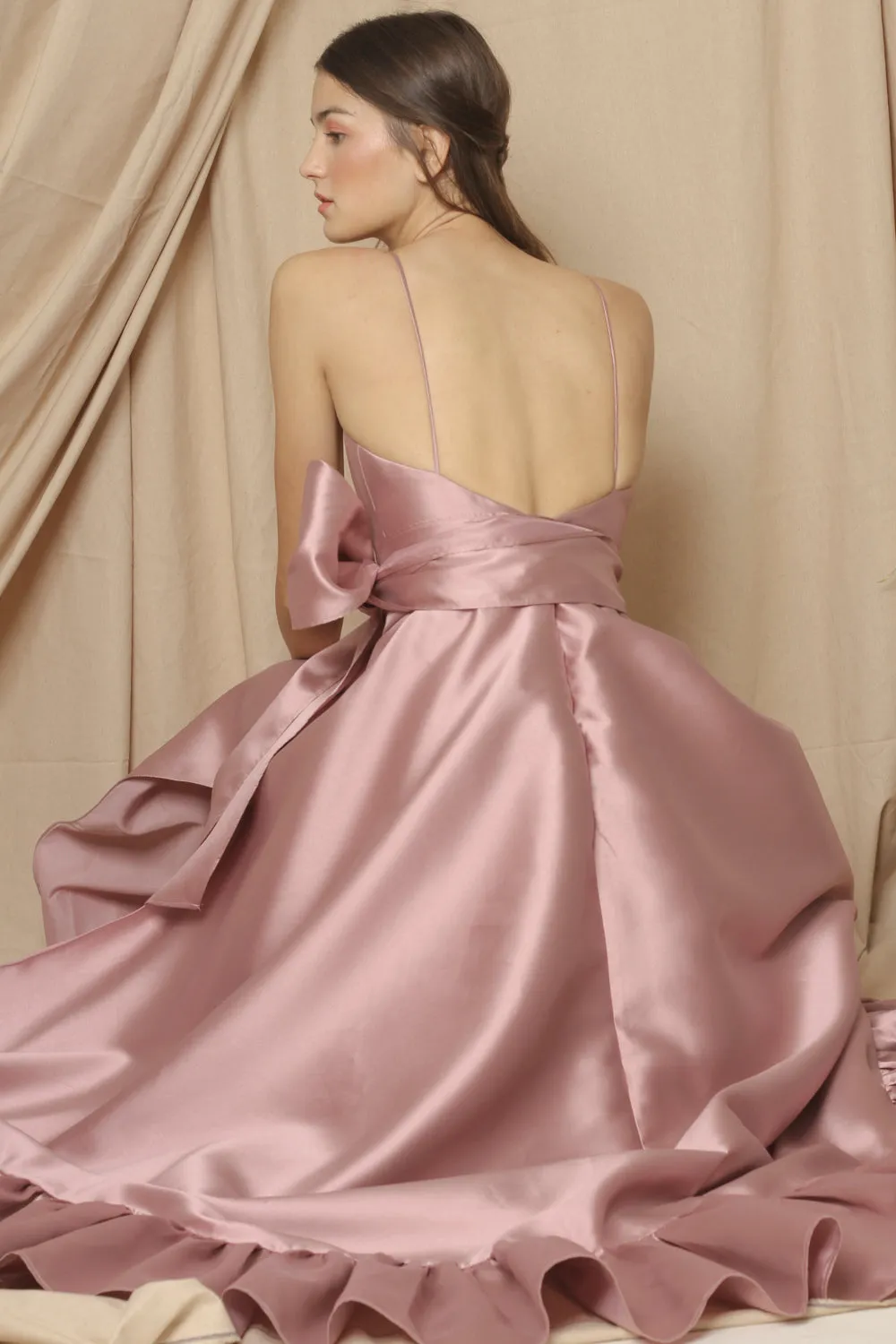 I DO BY ZOO FATIMA Deep V Gown with High Slit Skirt and Ruffled Hem with Detachable Waist Tie (Mauve Gazar)