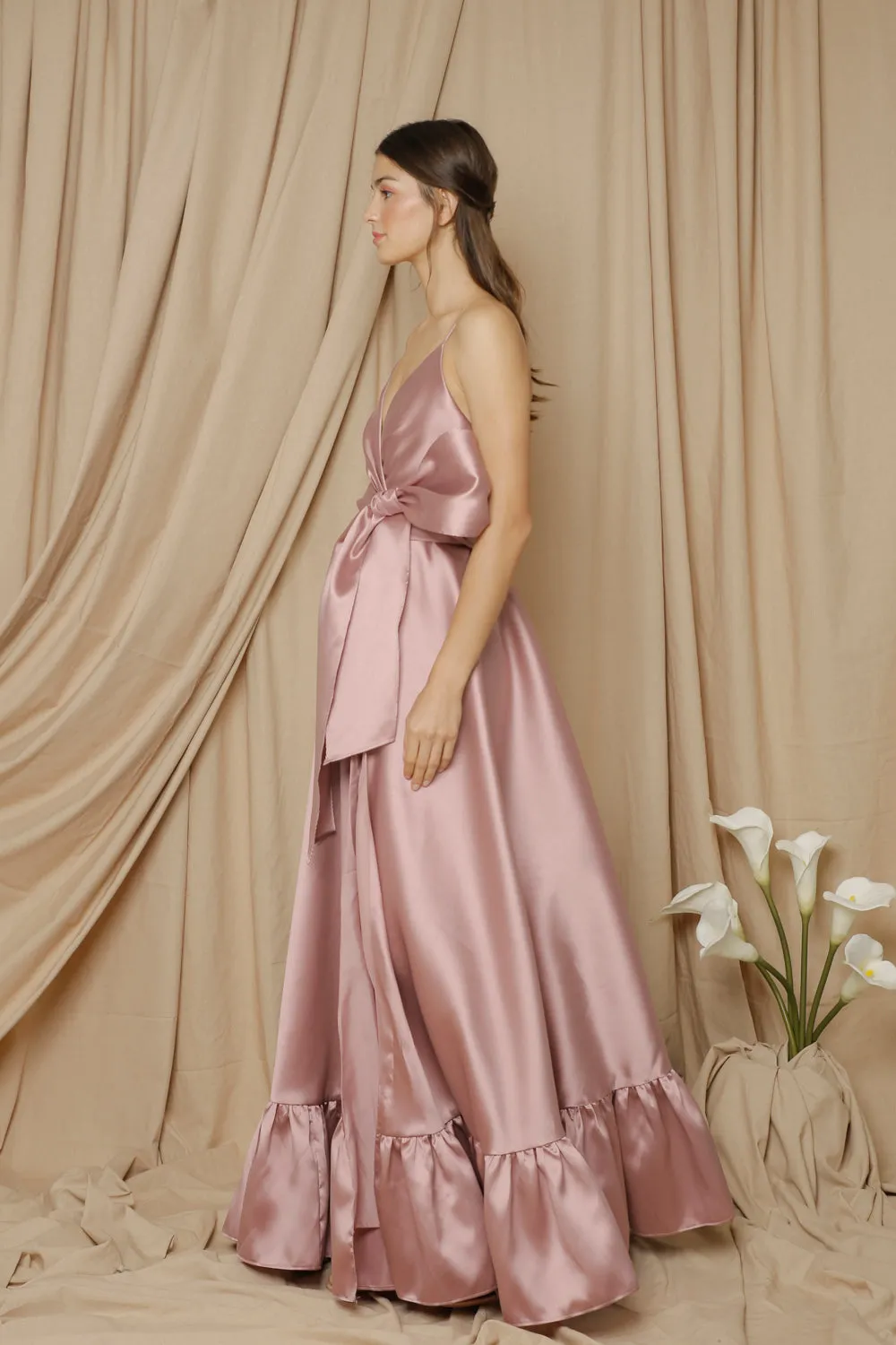 I DO BY ZOO FATIMA Deep V Gown with High Slit Skirt and Ruffled Hem with Detachable Waist Tie (Mauve Gazar)