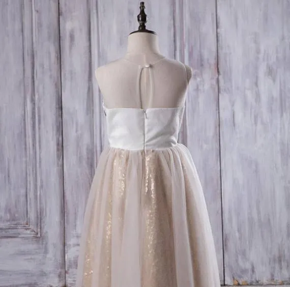 Illusion Ivory Lace Tulle Flower Girl Dresses With Gold Sequin Skirt, Cheap Junior Bridesmaid Dresses, FGY0127