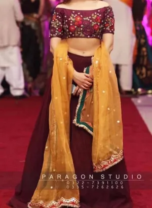 Indian Lahnga Choli In Dark Maroon Color Model# W 1796