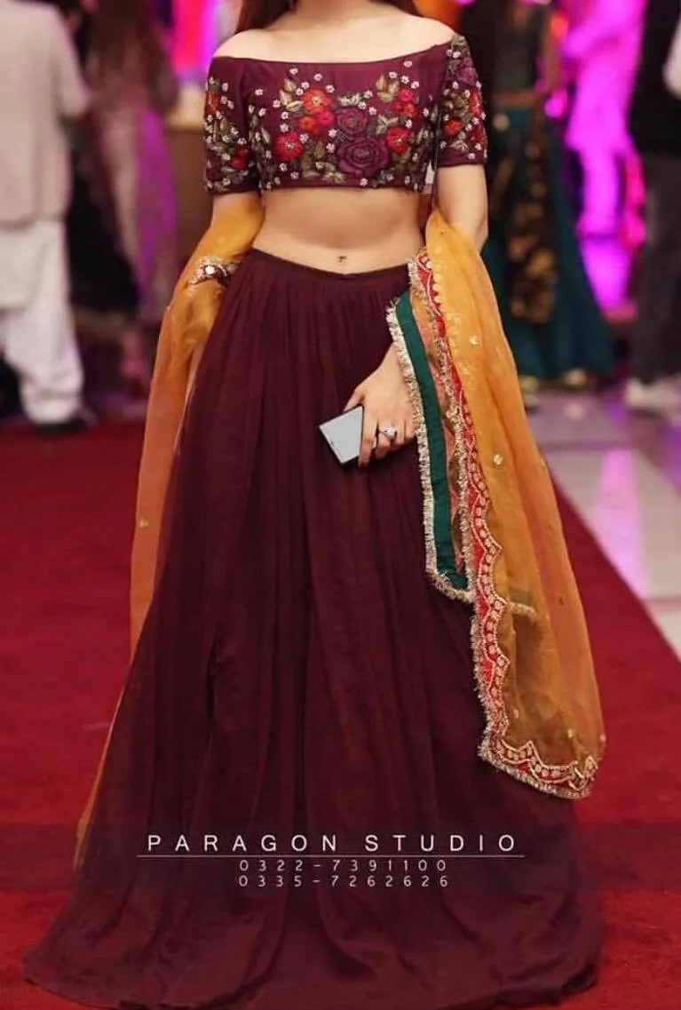 Indian Lahnga Choli In Dark Maroon Color Model# W 1796
