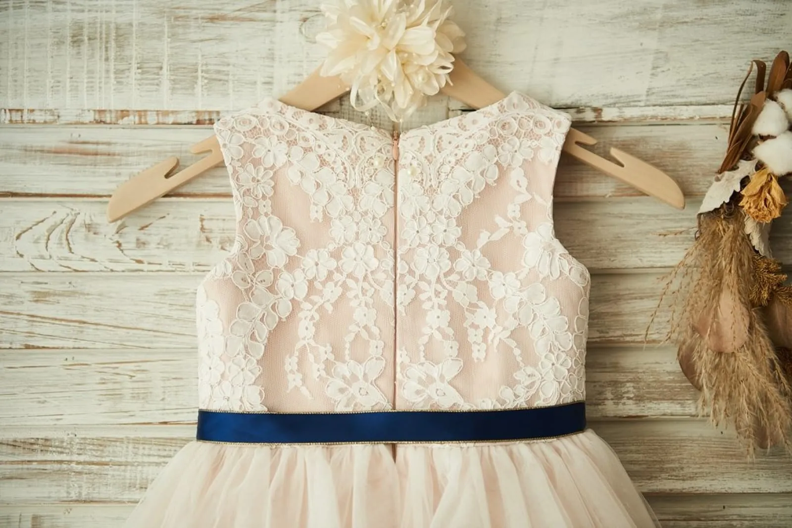 Ivory Lace Tulle Pink Lining Wedding Flower Girl Dress, Navy Blue Sash