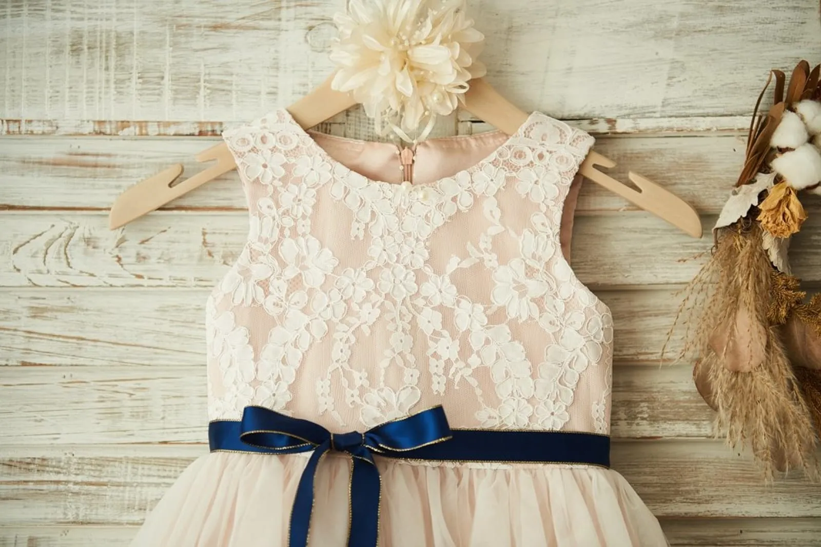 Ivory Lace Tulle Pink Lining Wedding Flower Girl Dress, Navy Blue Sash