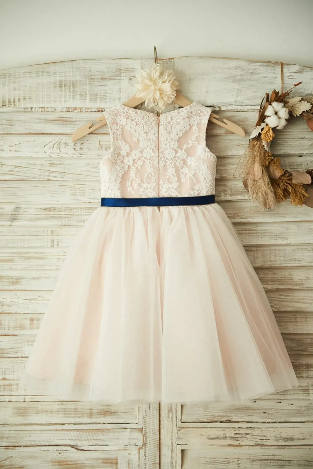Ivory Lace Tulle Pink Lining Wedding Flower Girl Dress, Navy Blue Sash
