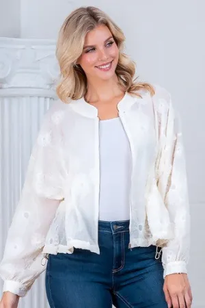 Ivory Sheer Plaid Floral Embroider Bomber Jacket