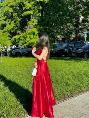 JazzHer Cheap A Line Spaghetti Straps Red Backless Long Prom Dresses Wedding Guest Dress (PRE-ORDER)