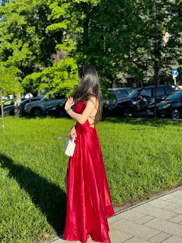 JazzHer Cheap A Line Spaghetti Straps Red Backless Long Prom Dresses Wedding Guest Dress (PRE-ORDER)